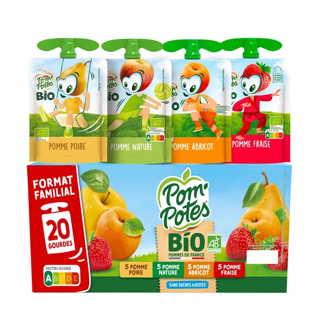 pom-potes-compote-bio-pomme-poire-abricot-fraise-20x90g image 1